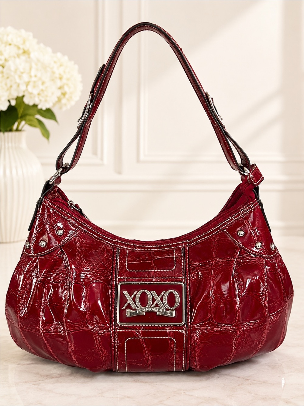 Vintage Y2K XOXO Red Croc Embossed Baguette Hobo Shoulder Bag Studded Logo bag